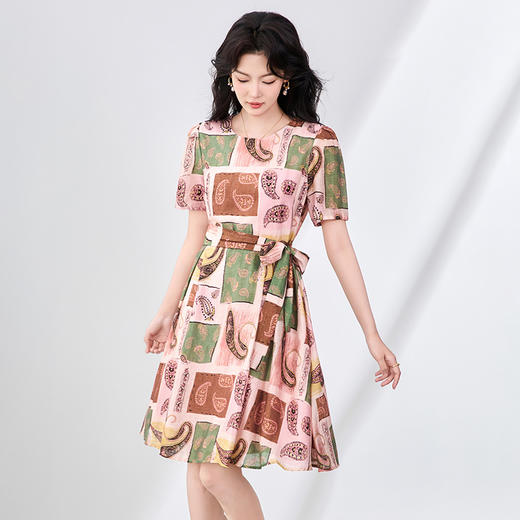 「高货wl」全新升级【铂金会员321/天猫429/差价108】(41302)洛诗琳艺术感减龄印花连衣裙2025夏季法式大摆A字系带裙子 商品图0