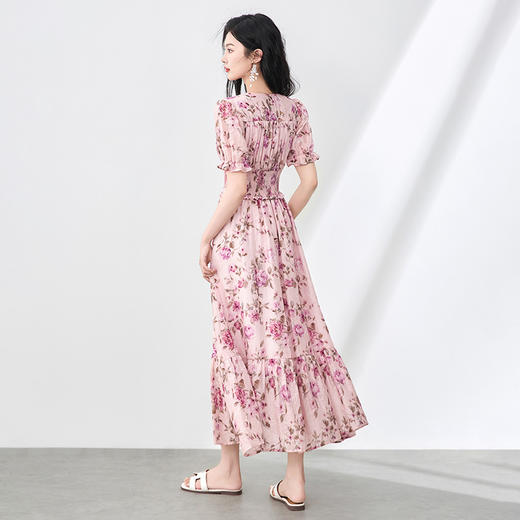 「高货wl」全新升级【铂金会员385/天猫519/差价134】(00923)洛诗琳优雅气质碎花裙2025夏季新款收腰银丝雪纺印花裙 商品图1