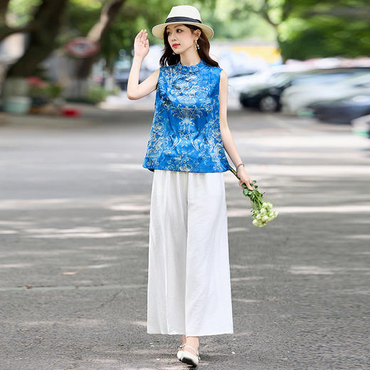 新中式国风轻奢高级感，复古印花阔腿裤减龄显瘦气质两件套HR-MCXZ8022 商品图3