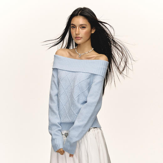 Ariseism美式复古高级感一字肩长袖针织衫女春季新款内搭打底上衣 商品图2