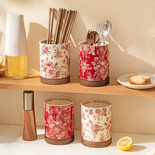 摩登主妇玫瑰假日陶瓷筷子筒收纳盒勺筷笼家用高档新款沥水筷子桶 商品图4