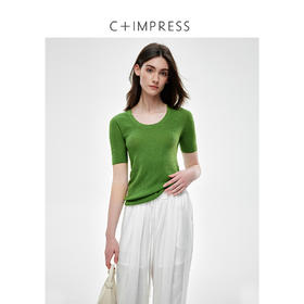 C+IMPRESS/西嘉美丽诺绵羊毛60支扬子纱浮雕肌理U领针织衫女短袖TT2502043