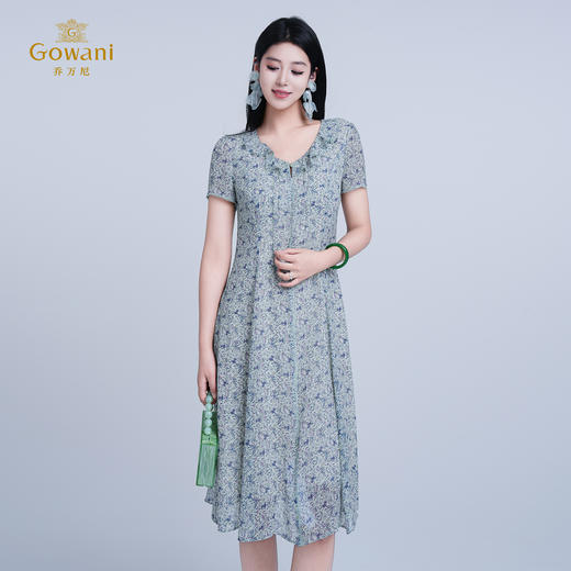 乔万尼2025新品V领时尚木耳边印花修身100%真丝ED2E530 商品图1