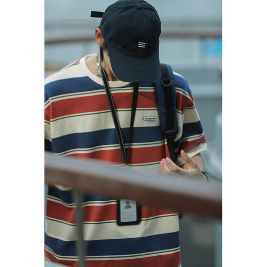 【撞色条纹短袖T恤男】夏季新款日系复古潮牌宽松体恤 商品图2