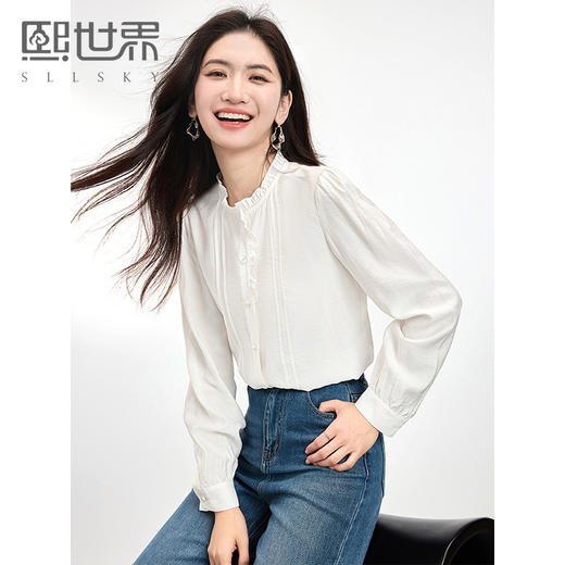 【99元福袋不支持退换】熙世界法式花边立领白衬衫女2025春秋新款浪漫优雅轻熟风长袖上衣 商品图0