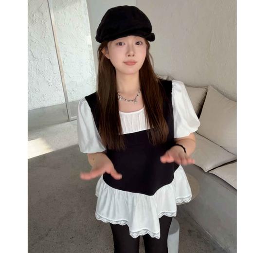 2025新品  软软同款【丁香结】法式宽松甜美小众设计感假两件拼接泡泡袖上衣 商品图0