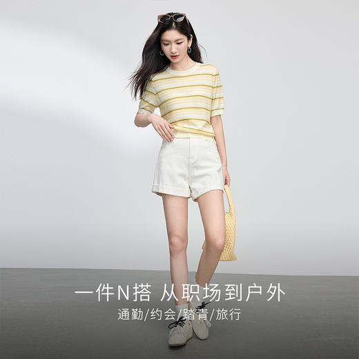 熙世界欧若风条纹针织衫女短袖薄款夏季新品百搭休闲圆领套头上衣 商品图2