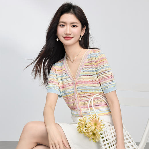 熙世界多巴胺彩虹条纹针织开衫女短袖2025年新款夏季镂空短款上衣 商品图4