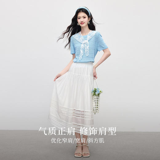 【周末秒杀】熙世界配蕾丝披肩冰丝针织衫女夏季薄款短袖独特别致上衣2025新款 商品图1