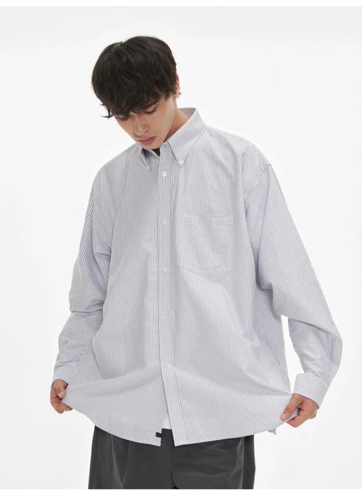 市面醉好 BMS 宽松日系重磅条纹口袋长袖衬衣 CS228 商品图2