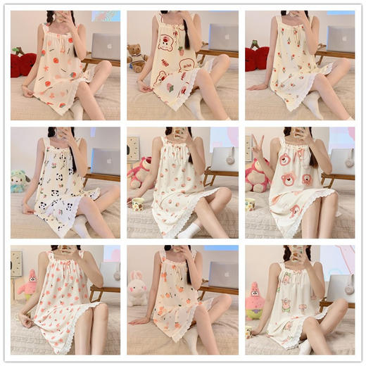 【好看又好穿！宽松设计】夏季新款女士泡泡棉柔软透气吊带睡裙家居服创意印花款甜美风。ry 商品图0