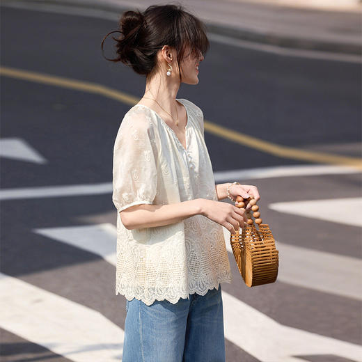 熙世界天丝雪纺衬衫女夏季短袖法式宽松洋气蕾丝边刺绣莱赛尔上衣 商品图4