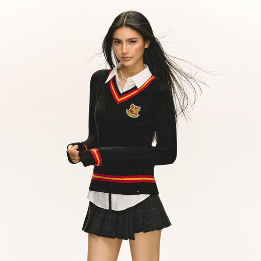 Ariseism 美式复古学院风假两件长袖针织衫女春季新款上衣 商品图1