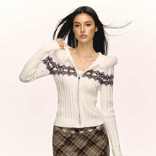 Ariseism 美式复古连帽针织拉链开衫女2025春秋新款上衣毛衣外套 商品图2