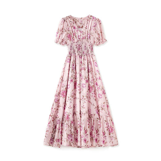 「高货wl」全新升级【铂金会员385/天猫519/差价134】(00923)洛诗琳优雅气质碎花裙2025夏季新款收腰银丝雪纺印花裙 商品图4