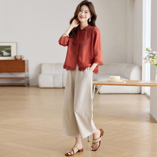 苎麻棉新中式国风，刺绣复古文艺衬衫七分裤两件套HR-LYW8567 商品图0