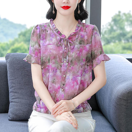 KQL A83N3151上衣时尚百搭碎花雪纺衫气质印花 商品图0