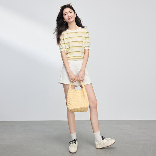 熙世界欧若风条纹针织衫女短袖薄款夏季新品百搭休闲圆领套头上衣 商品图4