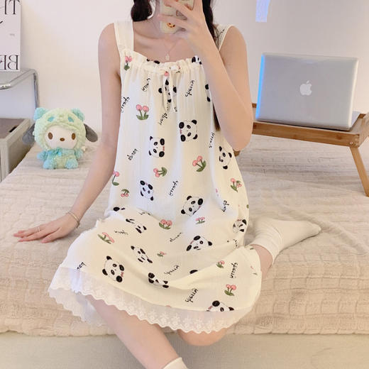 【好看又好穿！宽松设计】夏季新款女士泡泡棉柔软透气吊带睡裙家居服创意印花款甜美风。ry 商品图9