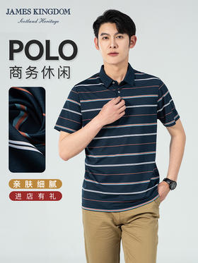 【2件/259】占姆士男士含桑蚕丝高级感条纹翻领短袖POLO衫  一款三色  墨绿&灰兰&宝蓝