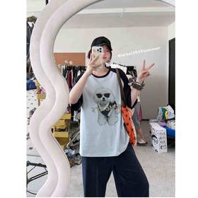 2025新品  蕾蕾同款【墨镜小狗】美式复古撞色插肩袖圆领小狗图案短袖T恤时尚