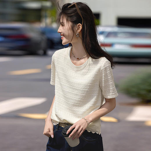 【专属特价】熙世界法式重工绣花圆领T恤短袖女夏季气设计感蕾丝衣摆正肩上衣 商品图4
