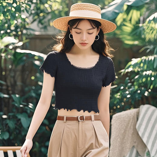 C2-润微正肩短袖t恤女夏季美式辣妹风高腰露脐短款紧身打底修身上衣  梦园岁月 商品图4