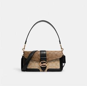 COACH蔻驰 Georgie 27 时尚徽标Logo 涂层帆布拼光滑皮革拼蛇纹压纹皮革 酒神包腋下包手提斜挎单肩包 大号 女款 黑色配卡其色