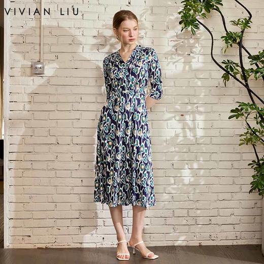 VIVIAN LIU D2527401 春季V领印花收腰A字裙摆七分袖中长款连衣裙 商品图0