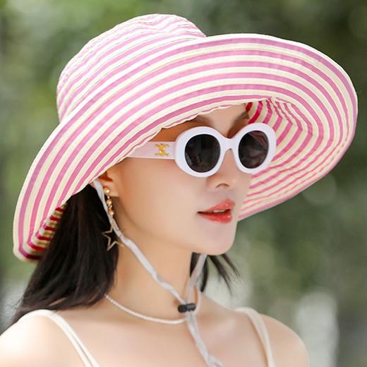 可卷折叠复古UV织带条纹大帽檐渔夫帽子女夏季户外百搭遮阳防晒帽 商品图2