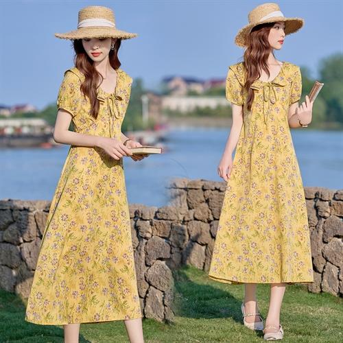 V领中长款碎花连衣裙，收腰显瘦修身过膝中长裙HR-HBLJRA1177 商品图1