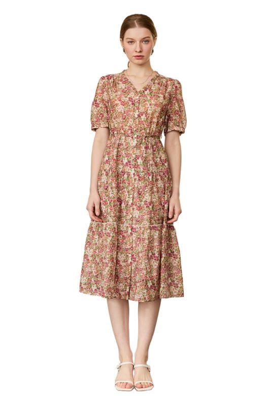 VIVIAN LIU V2524105 春季新款V领花边设计印花收腰短袖连衣裙 商品图5