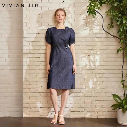 VIVIAN LIU V2534108 夏季新款时尚圆领系带泡泡短袖修身连衣裙 商品图0