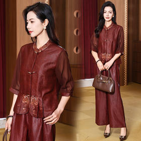 春夏国风新中式绣暗纹提花香云纱刺绣显瘦复古盘扣两件套装KQ-221851+黑裤221866或红裤221867