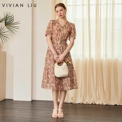 VIVIAN LIU V2524105 春季新款V领花边设计印花收腰短袖连衣裙 商品图0