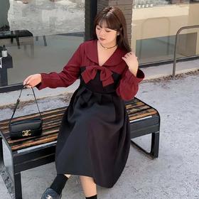 【诗铭洛可】XC2380连衣裙复古显瘦拼色蝴蝶结连衣裙B13-2