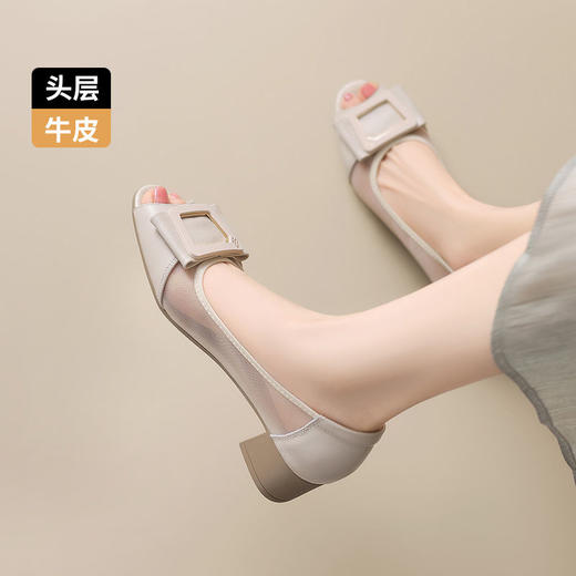 ZHR则则头层牛皮真皮镂空浅口粗跟法式鱼嘴单鞋2025新款时尚女鞋 商品图4