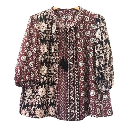 VIVIAN LIU V2523002春季女装立领泡泡袖袖口收紧印花民族风罩衫 商品图4