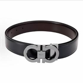 Salvatore  菲拉格慕 银扣双面皮带 男款 黑色/铜棕色 宽3.5cm