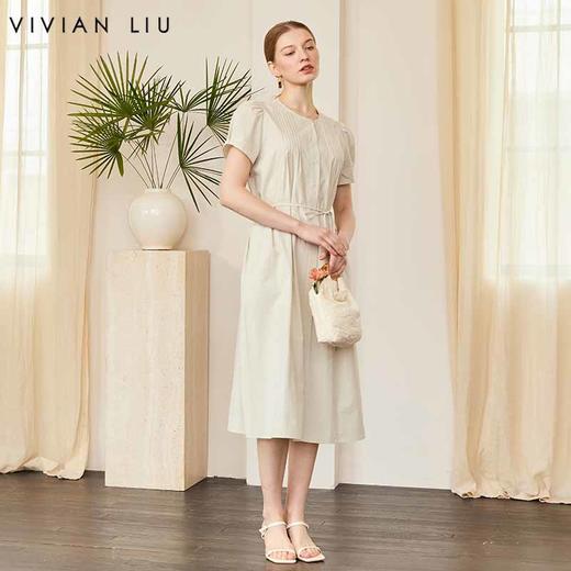 VIVIAN LIU V2534107 夏季女装圆领压褶系带系扣泡泡袖短袖连衣裙 商品图0