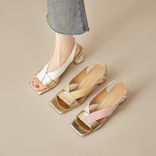 【预售5天】法式气质水钻高跟凉鞋女夏季新款鱼嘴后空方头百搭粗跟凉鞋MBJR&6931 商品图4