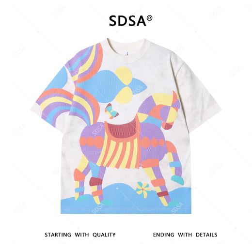 T3506夏季高级感新款男士小马彩色印花圆领短袖T恤小众设计洒金上衣 商品图1