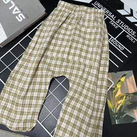 【选2件15元-NO退】110黄色格子62%粘纤休闲裤-微脏-喜出