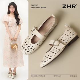 ZHR则则真皮复古镂空平底玛丽珍鞋女鞋2025新款时尚百搭洞洞单鞋