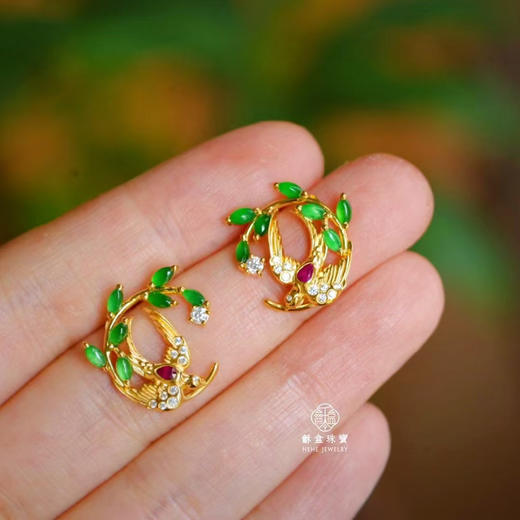 龢盒原创 银镶翡翠红宝石春燕耳钉 商品图4