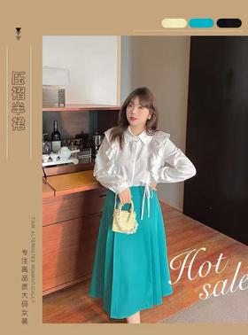 双十二福利！【诗铭洛可】W760半裙简约绿色压褶半身裙