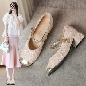 ZHR则则时尚百搭玛丽珍鞋2024新款法式亮片单鞋粗跟女鞋气质百搭