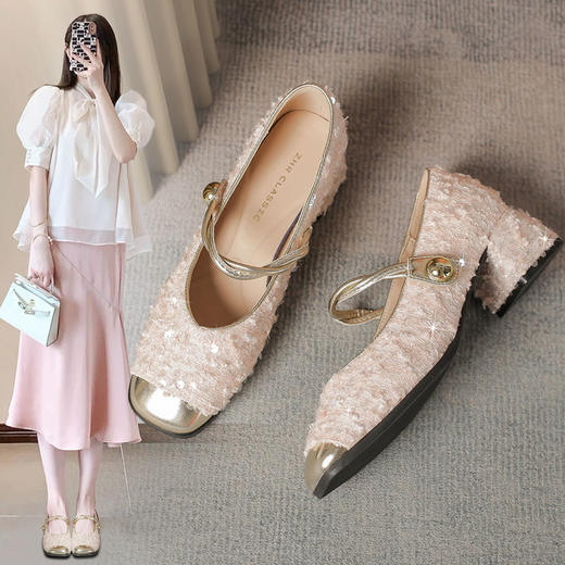 ZHR则则时尚百搭玛丽珍鞋2024新款法式亮片单鞋粗跟女鞋气质百搭 商品图0