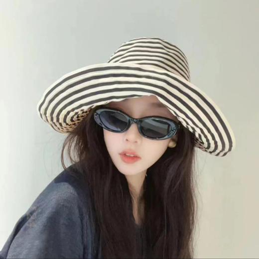 日系可折叠夏季条纹渔夫帽女新款长防晒帽子时尚盆帽大头围太阳帽 商品图2