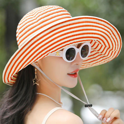 可卷折叠复古UV织带条纹大帽檐渔夫帽子女夏季户外百搭遮阳防晒帽 商品图4